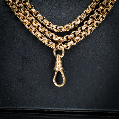 Antique Gold Filled Faceted Belcher Link Muff Guard Chain Necklace With Dog Clip | 54"