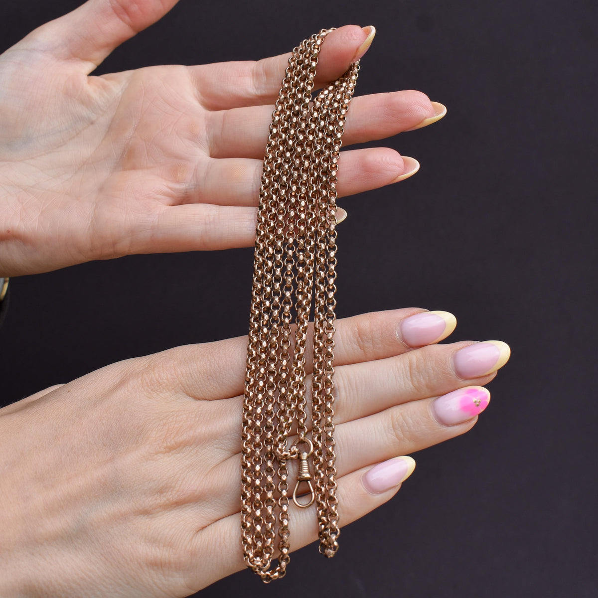 Antique Gold Filled Faceted Belcher Link Muff Guard Chain Necklace With Dog Clip | 54"