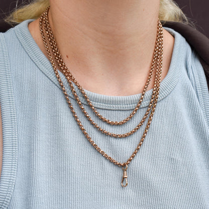 Antique Gold Filled Faceted Belcher Link Muff Guard Chain Necklace With Dog Clip | 54"
