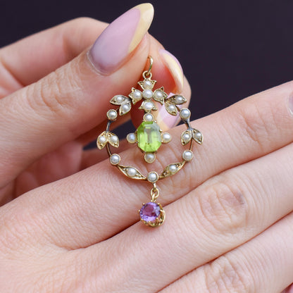 Antique Edwardian Amethyst Peridot and Pearl Lavalier 15ct Gold Pendant | Suffragette