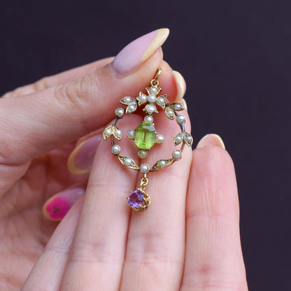 Antique Edwardian Amethyst Peridot and Pearl Lavalier 15ct Gold Pendant | Suffragette