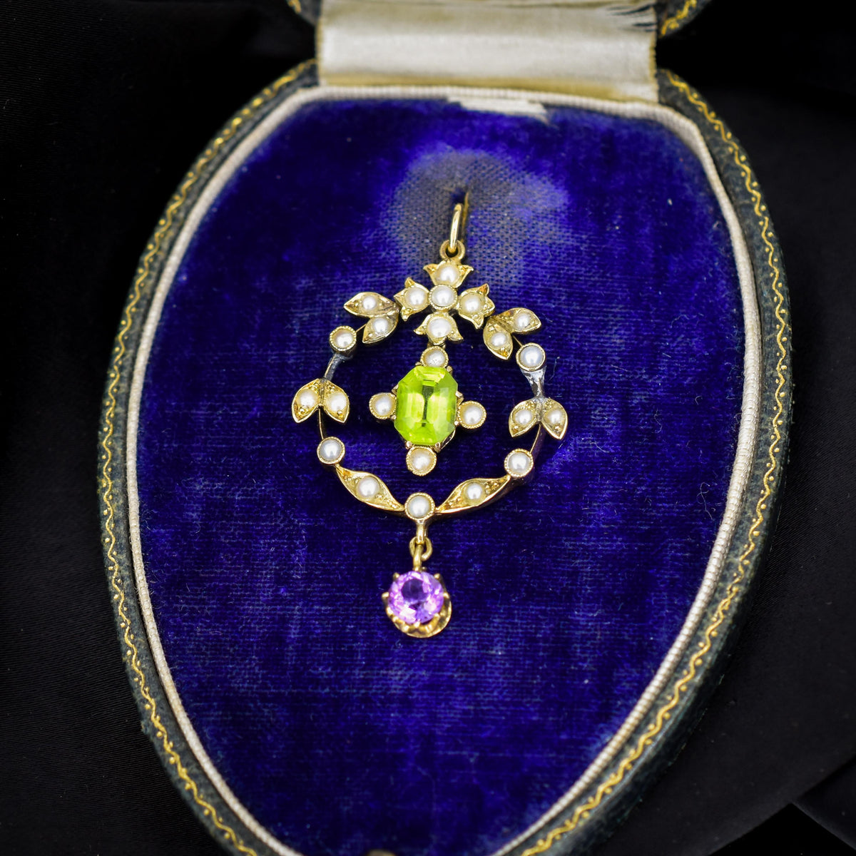 Antique Edwardian Amethyst Peridot and Pearl Lavalier 15ct Gold Pendant | Suffragette