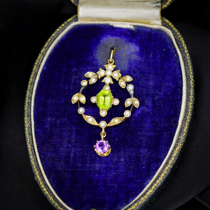 Antique Edwardian Amethyst Peridot and Pearl Lavalier 15ct Gold Pendant | Suffragette