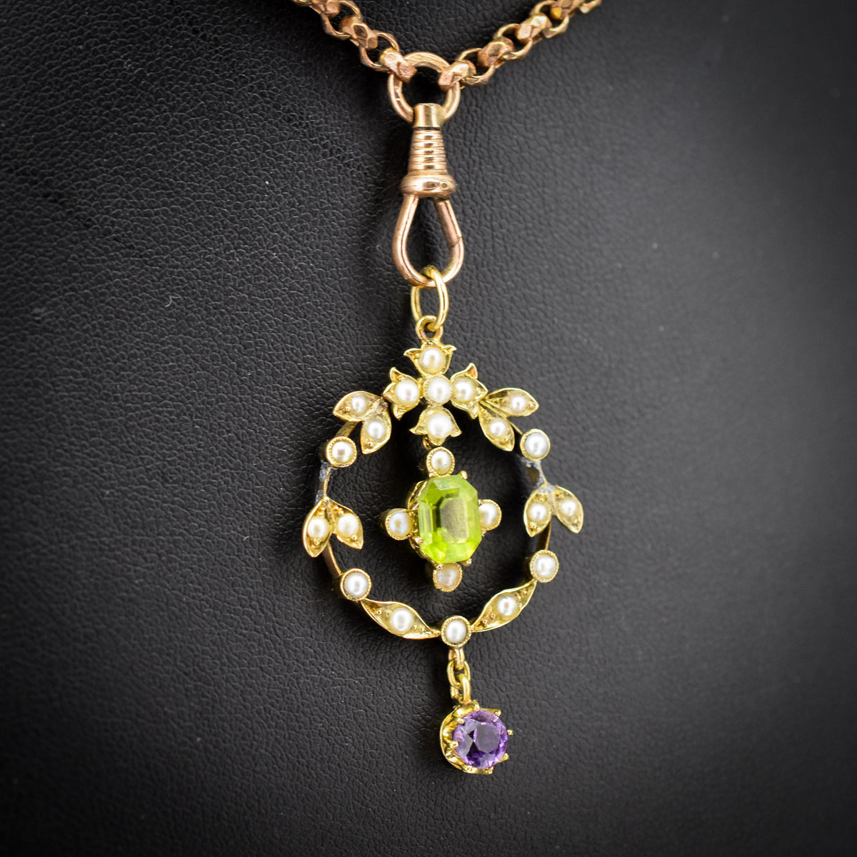 Antique Edwardian Amethyst Peridot and Pearl Lavalier 15ct Gold Pendant | Suffragette