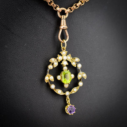 Antique Edwardian Amethyst Peridot and Pearl Lavalier 15ct Gold Pendant | Suffragette