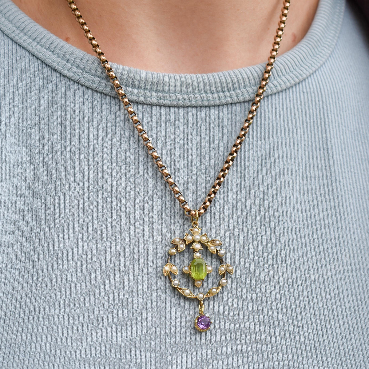 Antique Edwardian Amethyst Peridot and Pearl Lavalier 15ct Gold Pendant | Suffragette