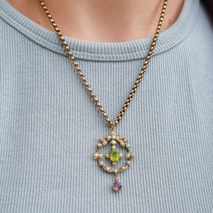 Antique Edwardian Amethyst Peridot and Pearl Lavalier 15ct Gold Pendant | Suffragette