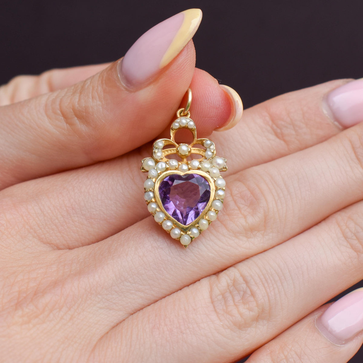 Vintage Amethyst and Pearl Heart Gold on Silver Charm Pendant