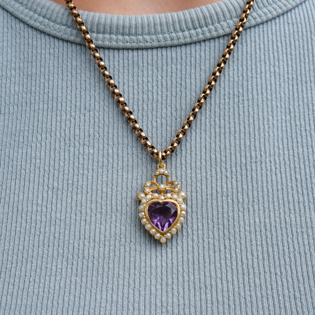 Vintage Amethyst and Pearl Heart Gold on Silver Charm Pendant