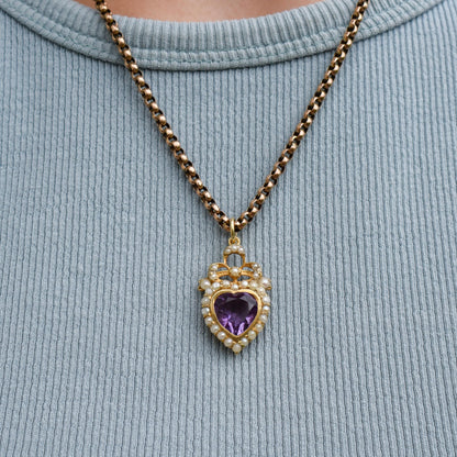 Vintage Amethyst and Pearl Heart Gold on Silver Charm Pendant