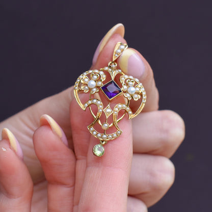 Antique Suffragette Peridot Pearl and Amethyst 15ct Gold Pendant