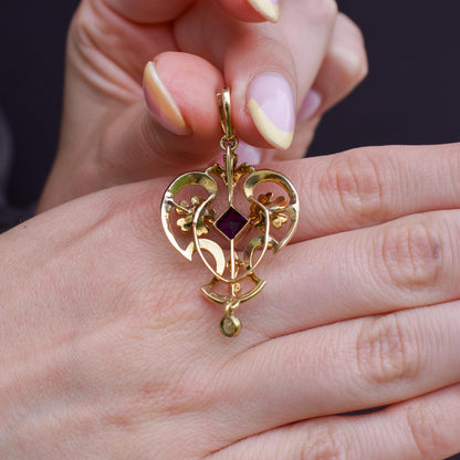 Antique Suffragette Peridot Pearl and Amethyst 15ct Gold Pendant