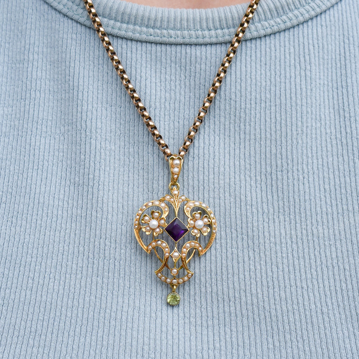Antique Suffragette Peridot Pearl and Amethyst 15ct Gold Pendant
