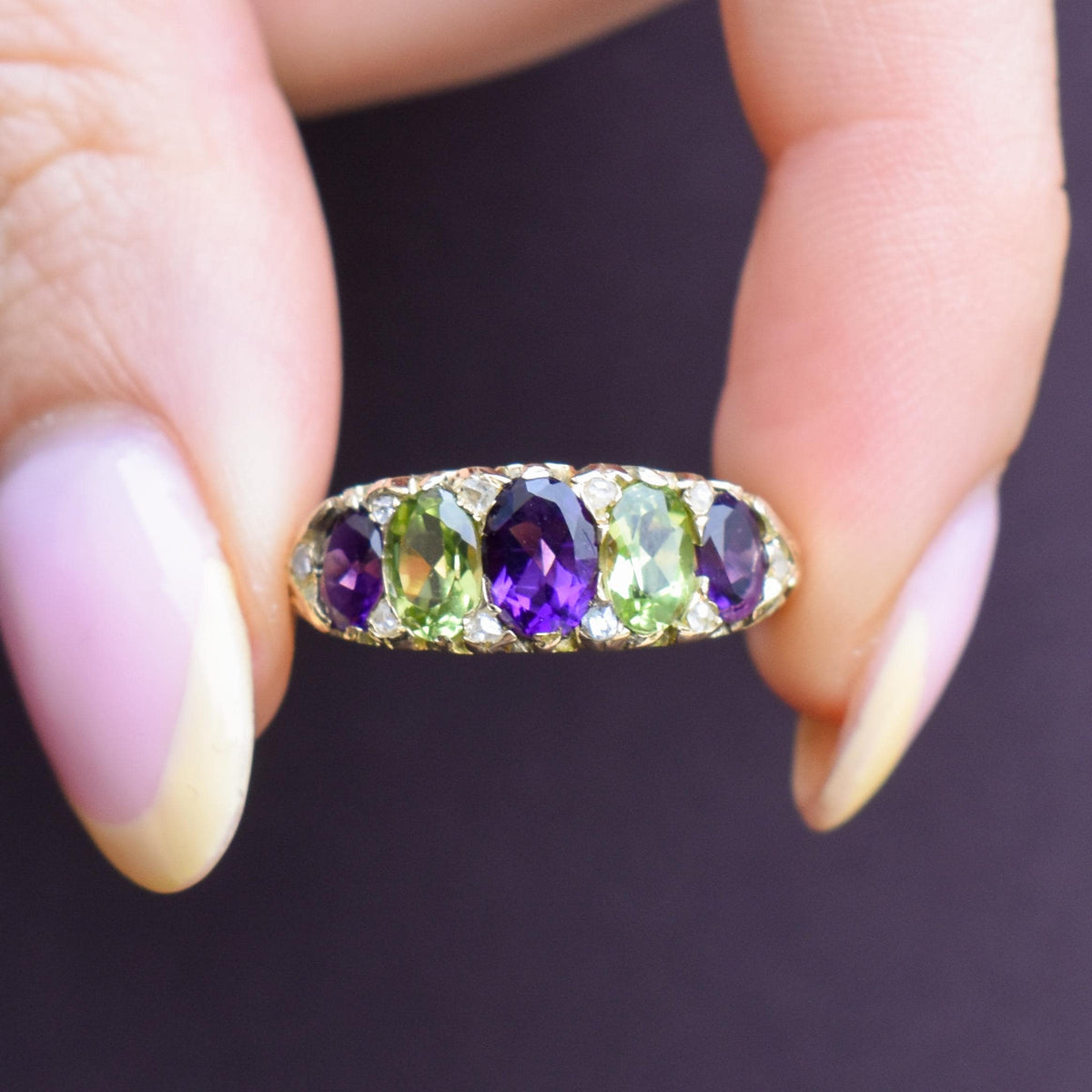 Antique Amethyst Peridot and Diamond Five Stone 18ct Gold Ring | Suffragette