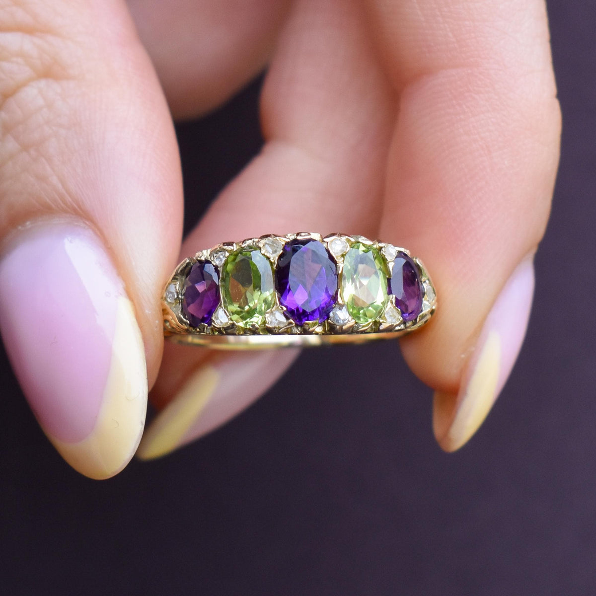 Antique Amethyst Peridot and Diamond Five Stone 18ct Gold Ring | Suffragette