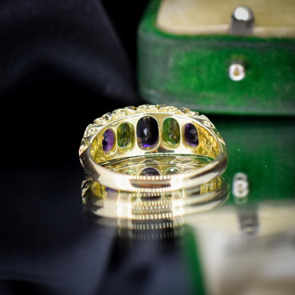 Antique Amethyst Peridot and Diamond Five Stone 18ct Gold Ring | Suffragette