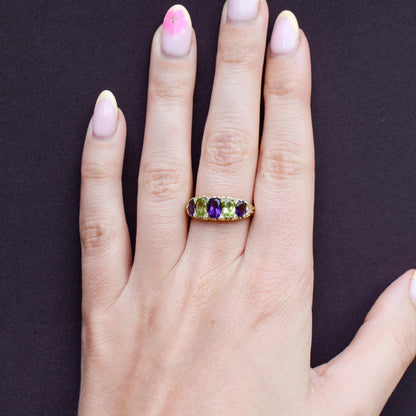 Antique Amethyst Peridot and Diamond Five Stone 18ct Gold Ring | Suffragette