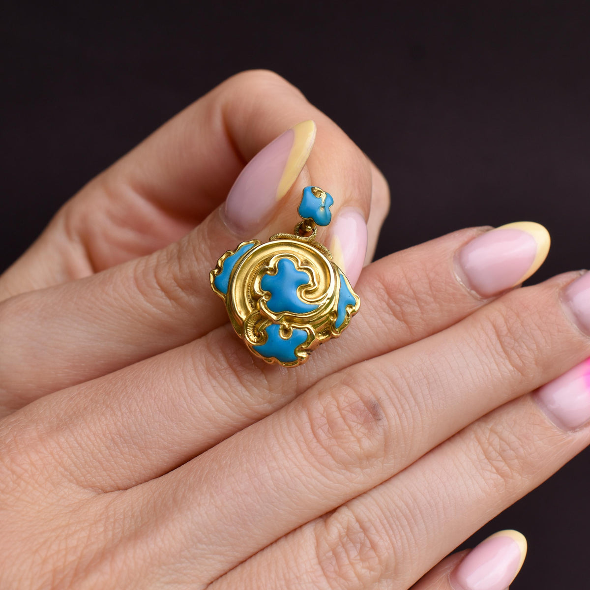 Antique 18ct Gold Turquoise Blue Enamel Mourning Swirl Locket Pendant