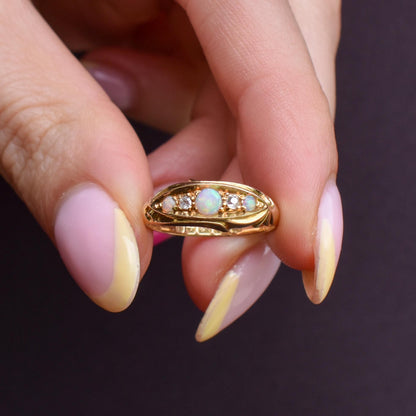 Antique Edwardian Natural Opal and Diamond 18ct Gold Boat Ring | Birmingham 1908