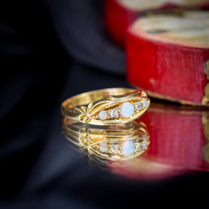 Antique Edwardian Natural Opal and Diamond 18ct Gold Boat Ring | Birmingham 1908