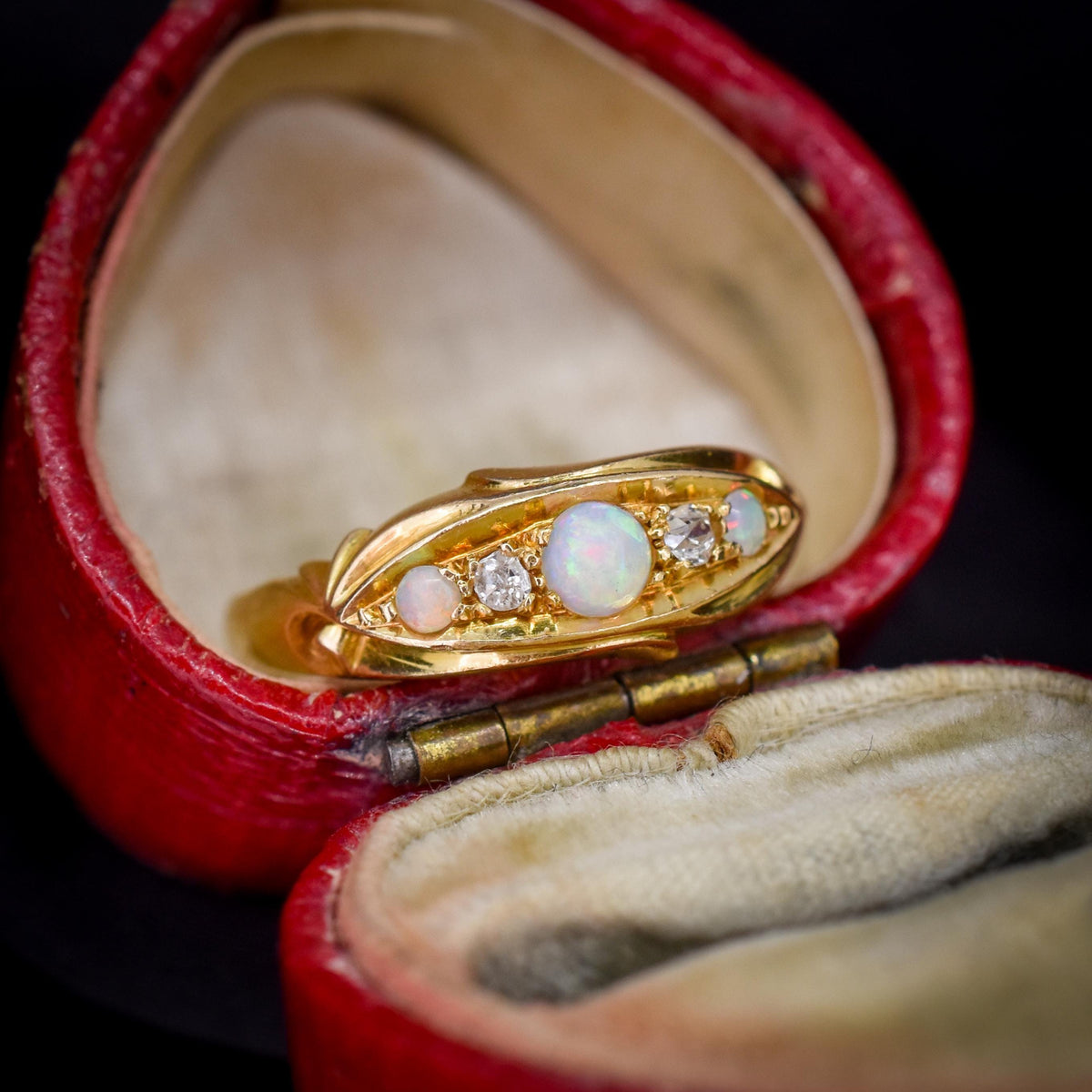 Antique Edwardian Natural Opal and Diamond 18ct Gold Boat Ring | Birmingham 1908