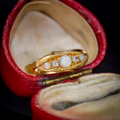 Antique Edwardian Natural Opal and Diamond 18ct Gold Boat Ring | Birmingham 1908
