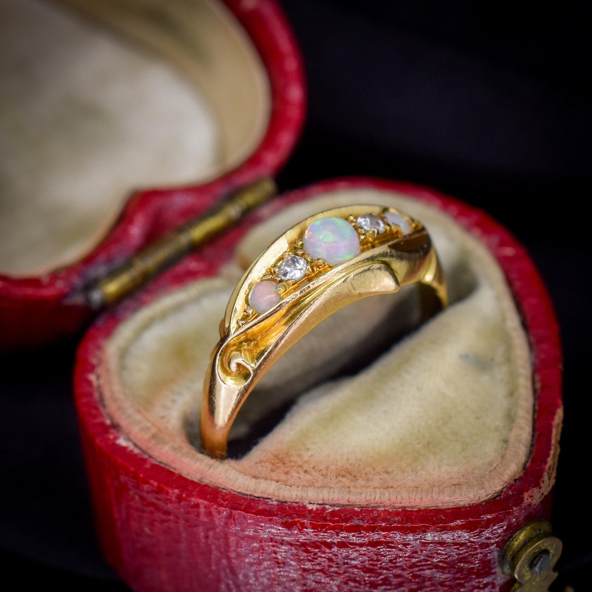 Antique Edwardian Natural Opal and Diamond 18ct Gold Boat Ring | Birmingham 1908