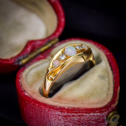Antique Edwardian Natural Opal and Diamond 18ct Gold Boat Ring | Birmingham 1908