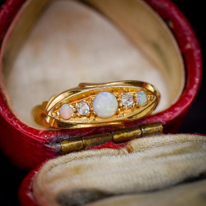 Antique Edwardian Natural Opal and Diamond 18ct Gold Boat Ring | Birmingham 1908