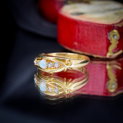 Antique Edwardian Natural Opal and Diamond 18ct Gold Boat Ring | Birmingham 1908