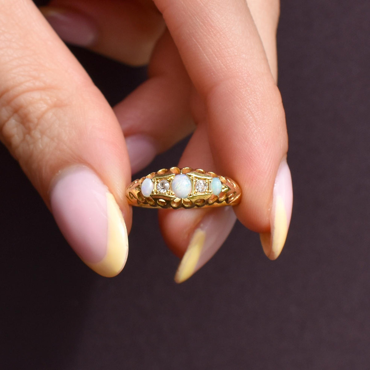 Antique Natural Opal and Diamond 18ct Gold Boat Ring | Chester 1919