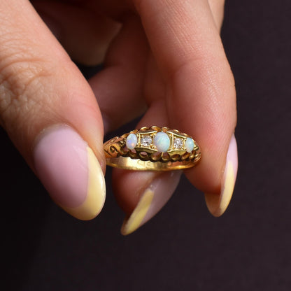 Antique Natural Opal and Diamond 18ct Gold Boat Ring | Chester 1919