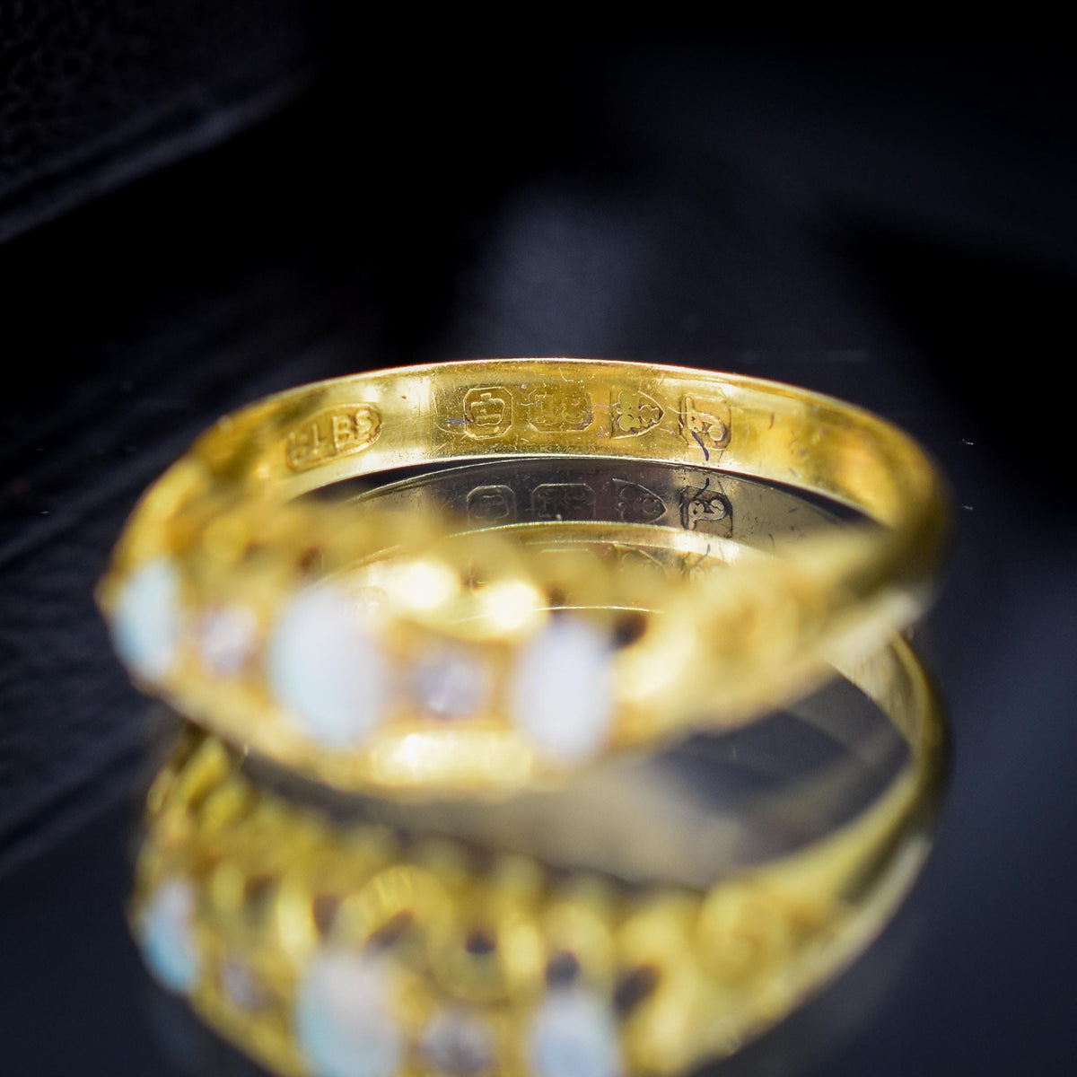 Antique Natural Opal and Diamond 18ct Gold Boat Ring | Chester 1919