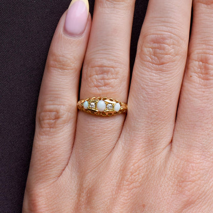 Antique Natural Opal and Diamond 18ct Gold Boat Ring | Chester 1919