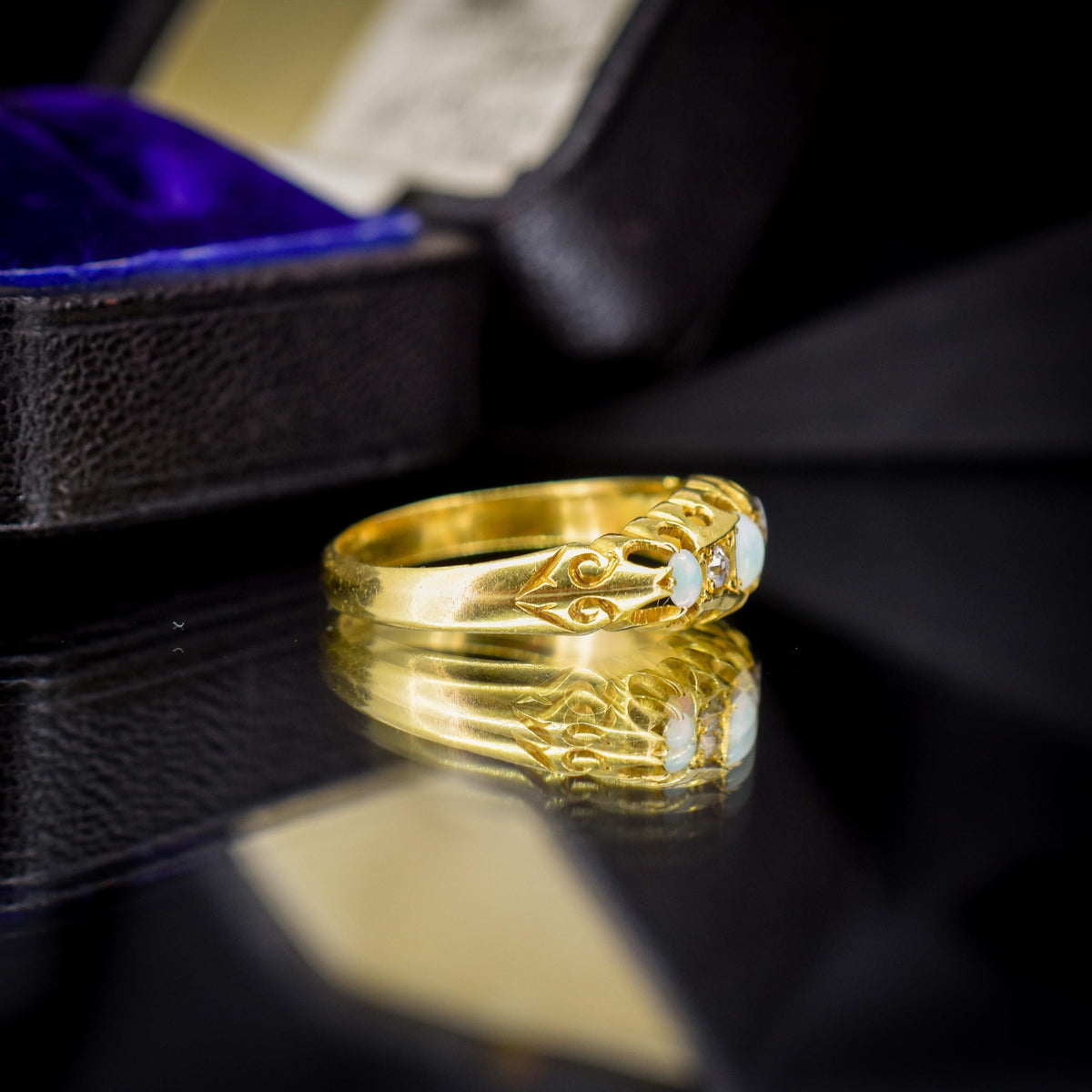 Antique Natural Opal and Diamond 18ct Gold Boat Ring | Chester 1919