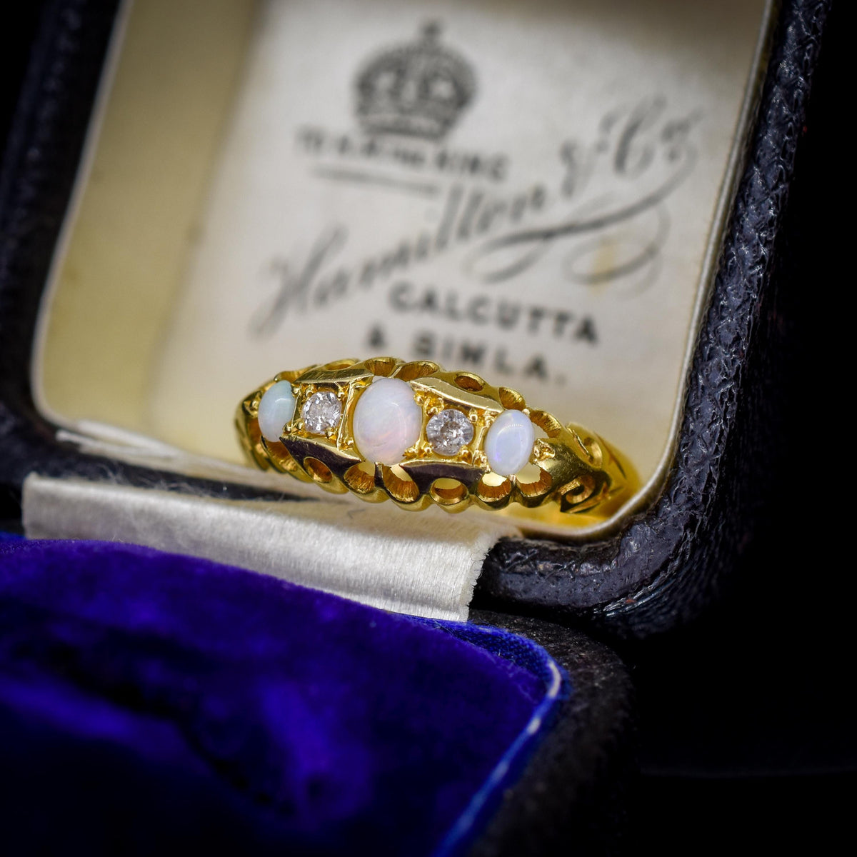 Antique Natural Opal and Diamond 18ct Gold Boat Ring | Chester 1919