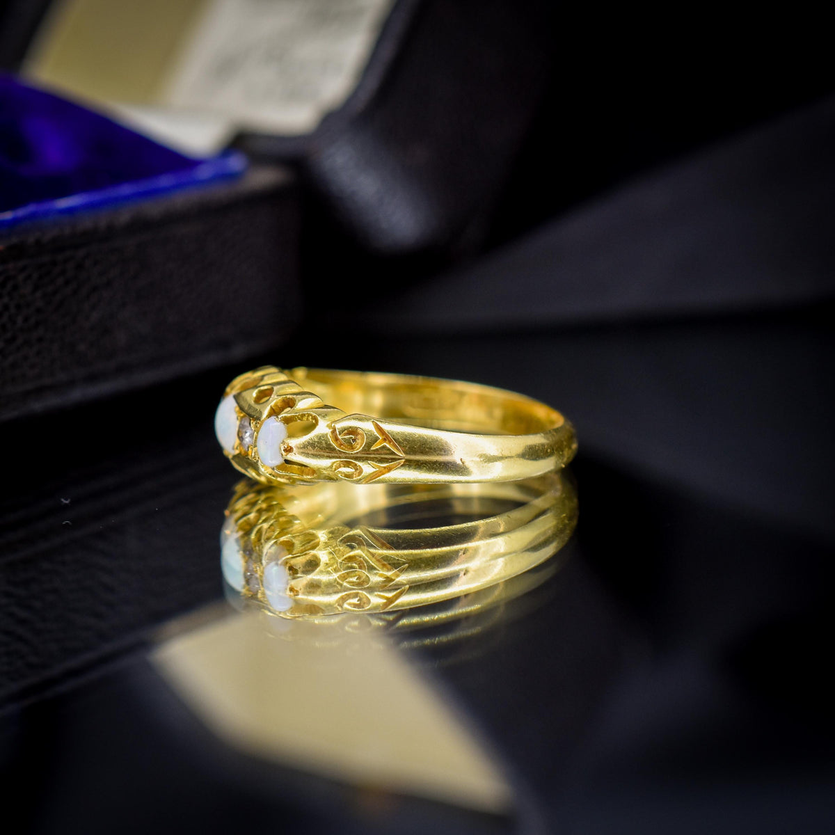 Antique Natural Opal and Diamond 18ct Gold Boat Ring | Chester 1919