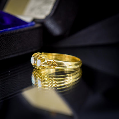 Antique Natural Opal and Diamond 18ct Gold Boat Ring | Chester 1919