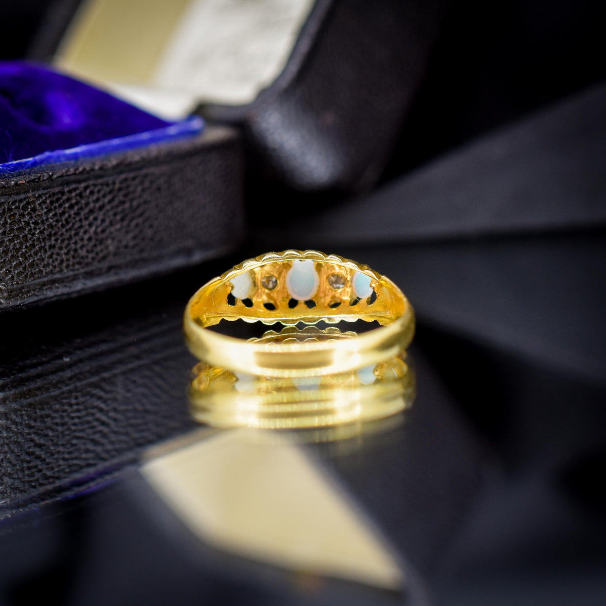 Antique Natural Opal and Diamond 18ct Gold Boat Ring | Chester 1919