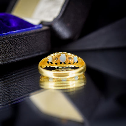 Antique Natural Opal and Diamond 18ct Gold Boat Ring | Chester 1919