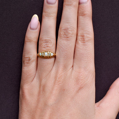 Antique Natural Opal and Diamond 18ct Gold Boat Ring | Chester 1919