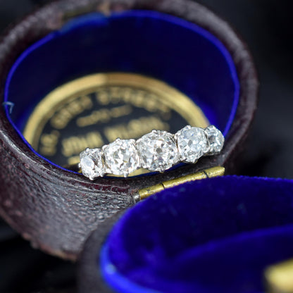 Antique 0.98ct Old Cut Diamond Five Stone 18ct Gold Platinum Ring
