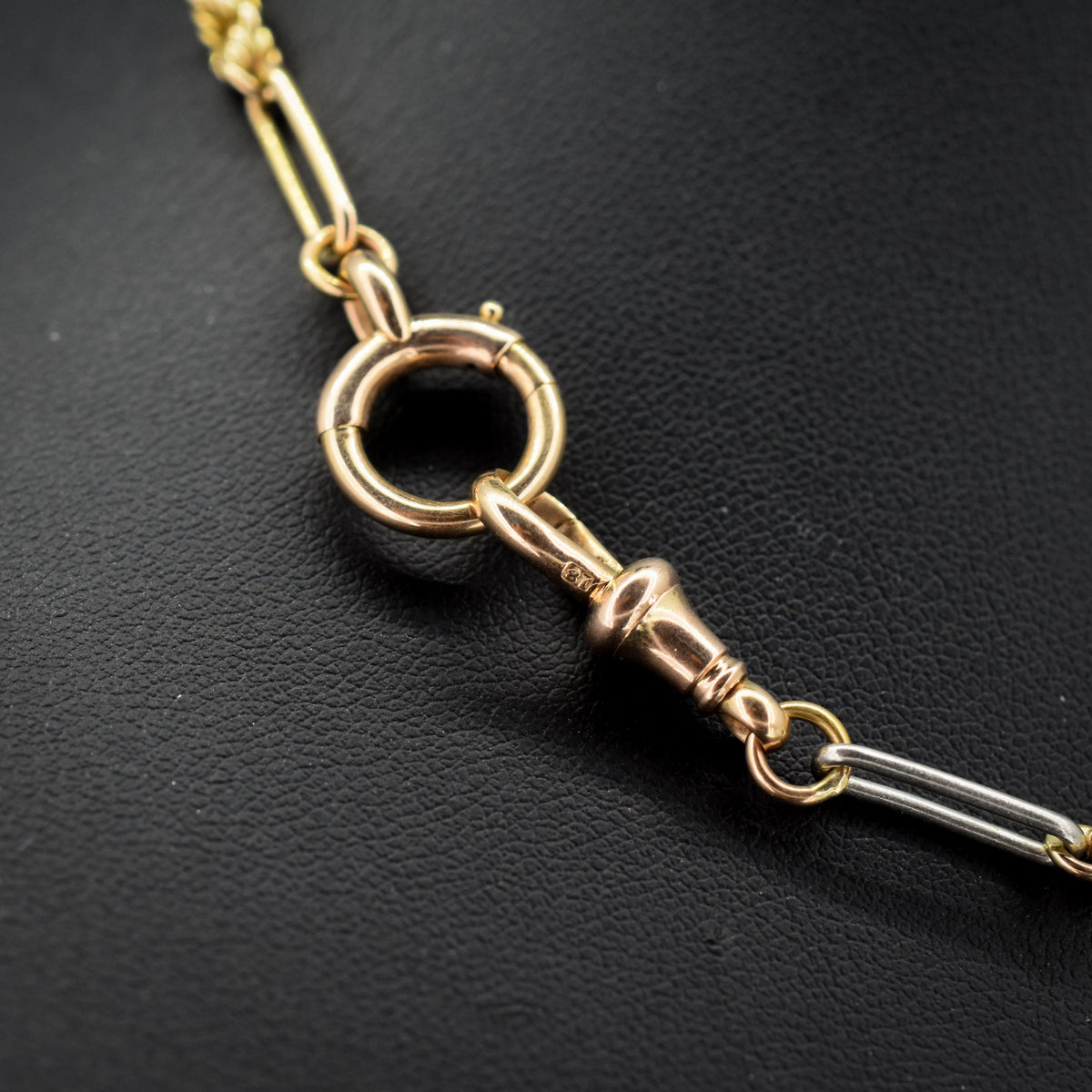 Antique 18ct Gold and Platinum Love Knot Trombone Watch Chain Necklace | 14.7"