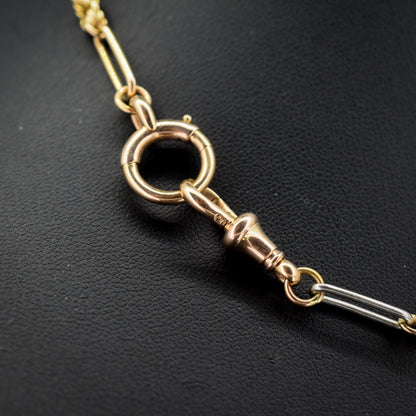 Antique 18ct Gold and Platinum Love Knot Trombone Watch Chain Necklace | 14.7"