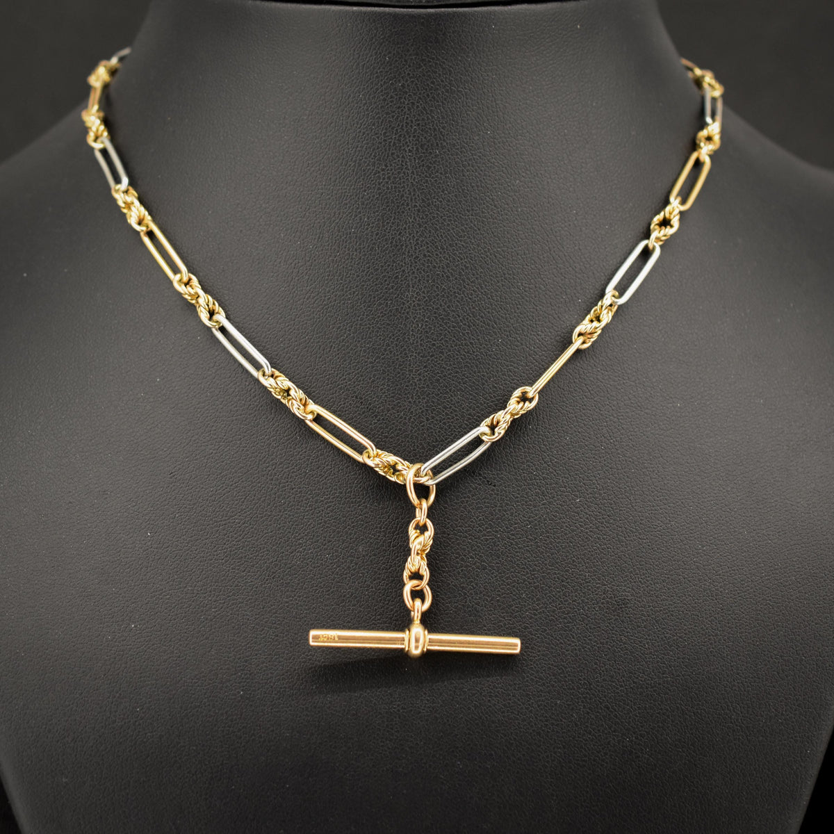 Antique 18ct Gold and Platinum Love Knot Trombone Watch Chain Necklace | 14.7"