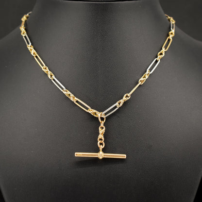 Antique 18ct Gold and Platinum Love Knot Trombone Watch Chain Necklace | 14.7"