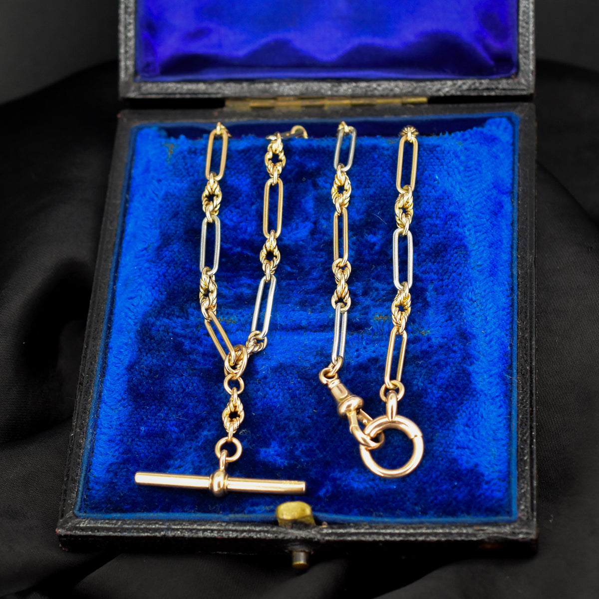 Antique 18ct Gold and Platinum Love Knot Trombone Watch Chain Necklace | 14.7"