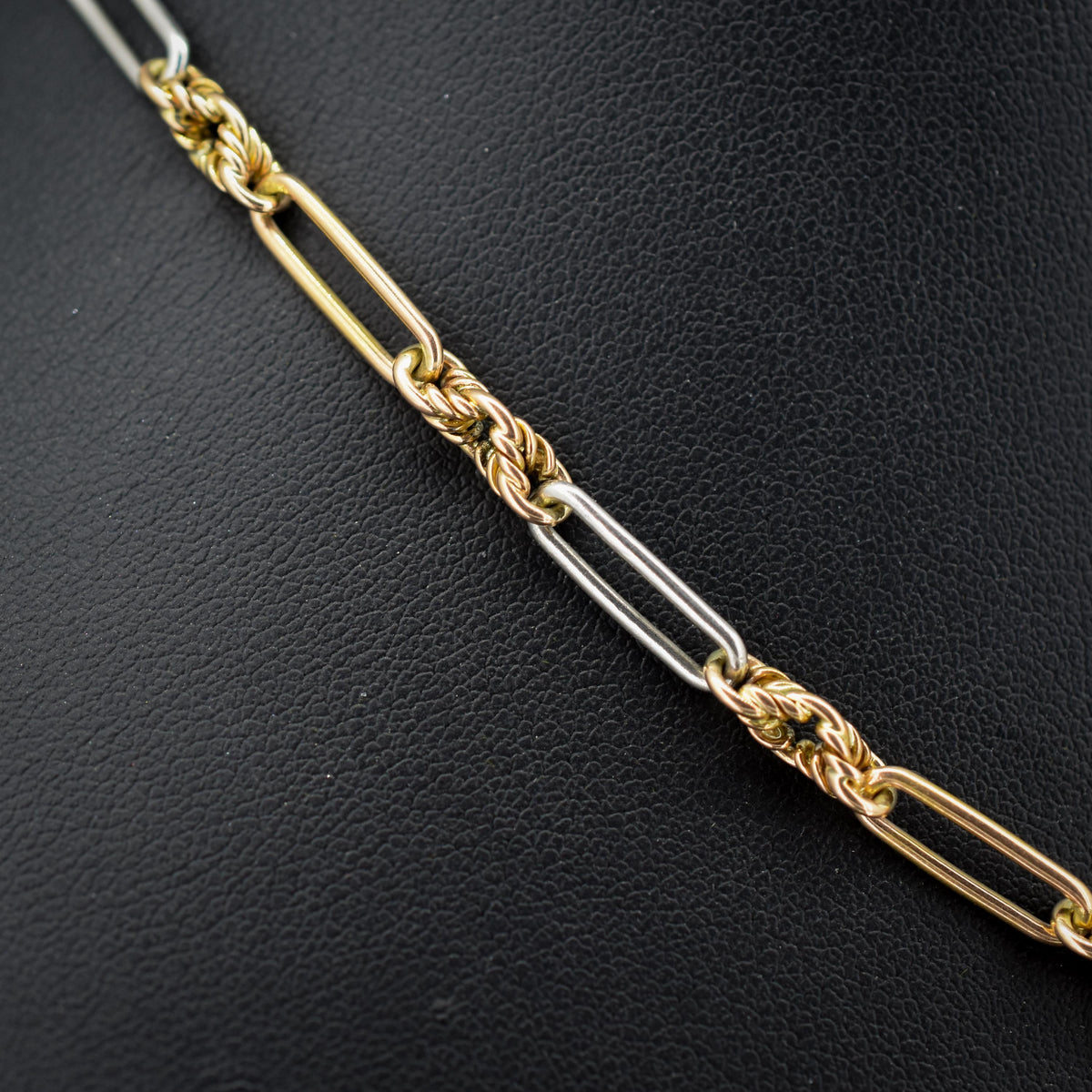 Antique 18ct Gold and Platinum Love Knot Trombone Watch Chain Necklace | 14.7"