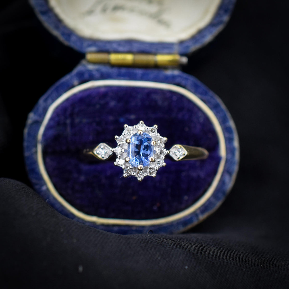 Vintage Blue Sapphire and Diamond Oval Cluster 9ct Gold Ring