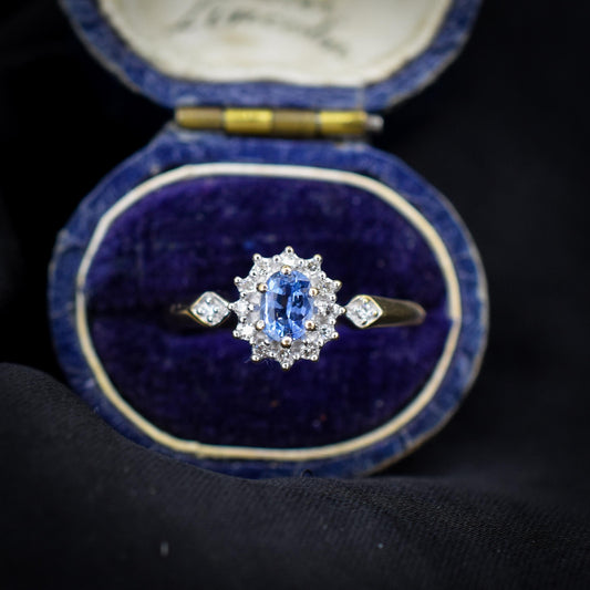 Vintage Blue Sapphire and Diamond Oval Cluster 9ct Gold Ring